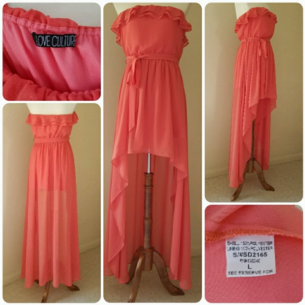 Love Culture Coral Strapless High-Low Maxi Dress